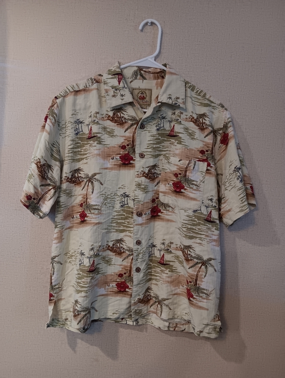 Men's Casual Hawaiian Button-Down Shirt - Cream with Red & Brown Tropical Print
